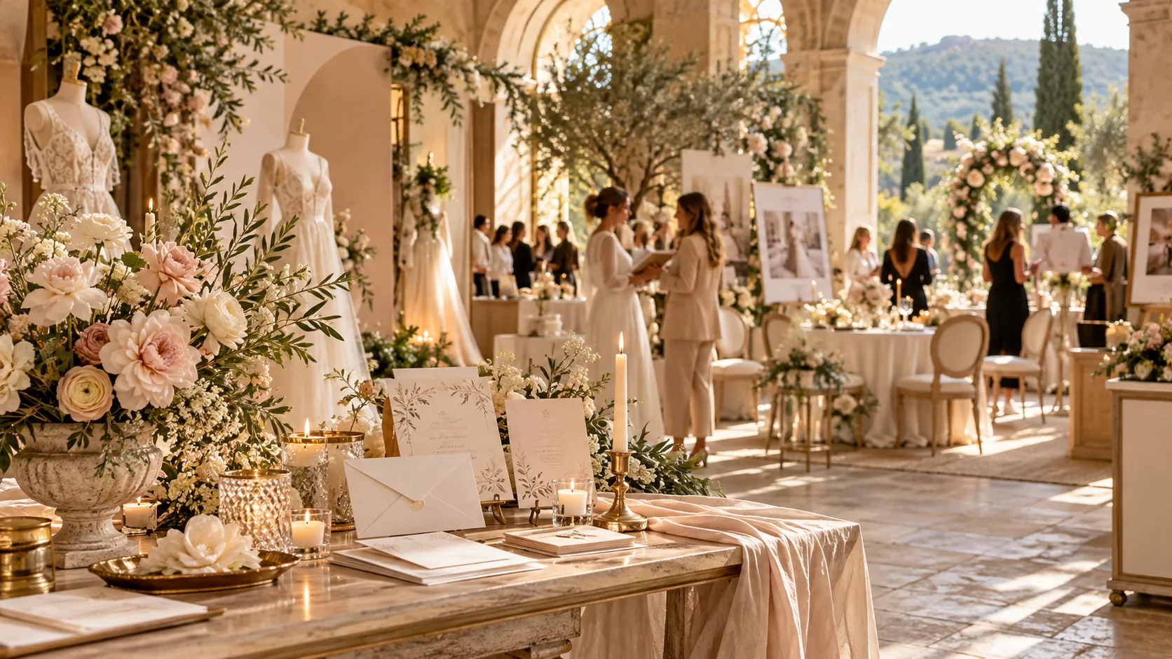 Ambiance d’un salon du mariage en Provence, robes de mariée, fleurs et rencontres entre prestataires
